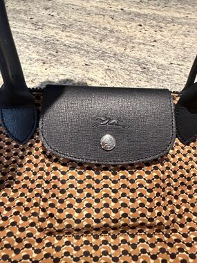 Authentic BNWT Longchamp Le Pliage Small Tote - Black Trim with Brown Geo Print